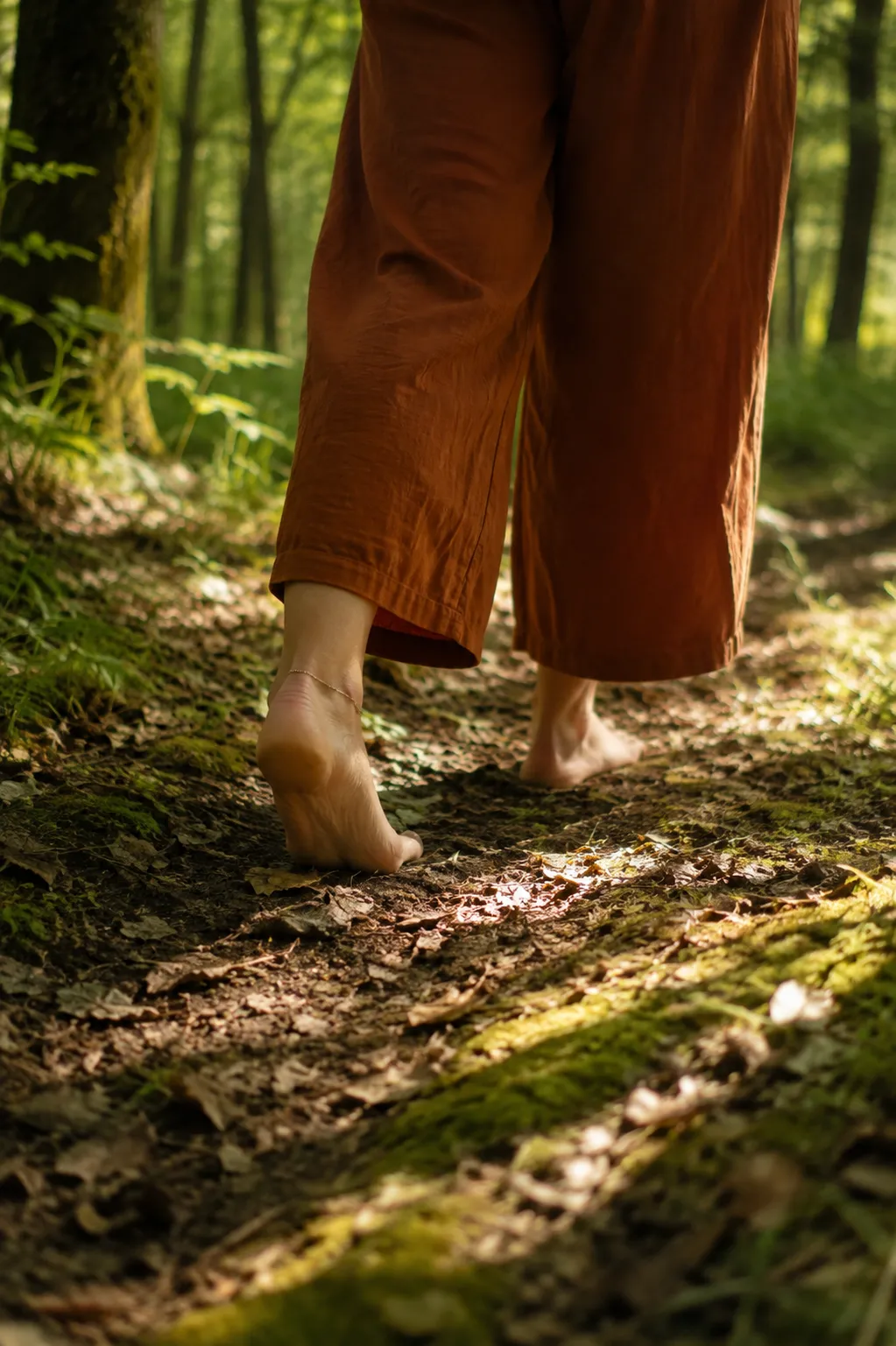 Barfuß im Schritt auf einem mit Laub bedeckten Waldweg, in weiter rostfarbener Leinenhose.
