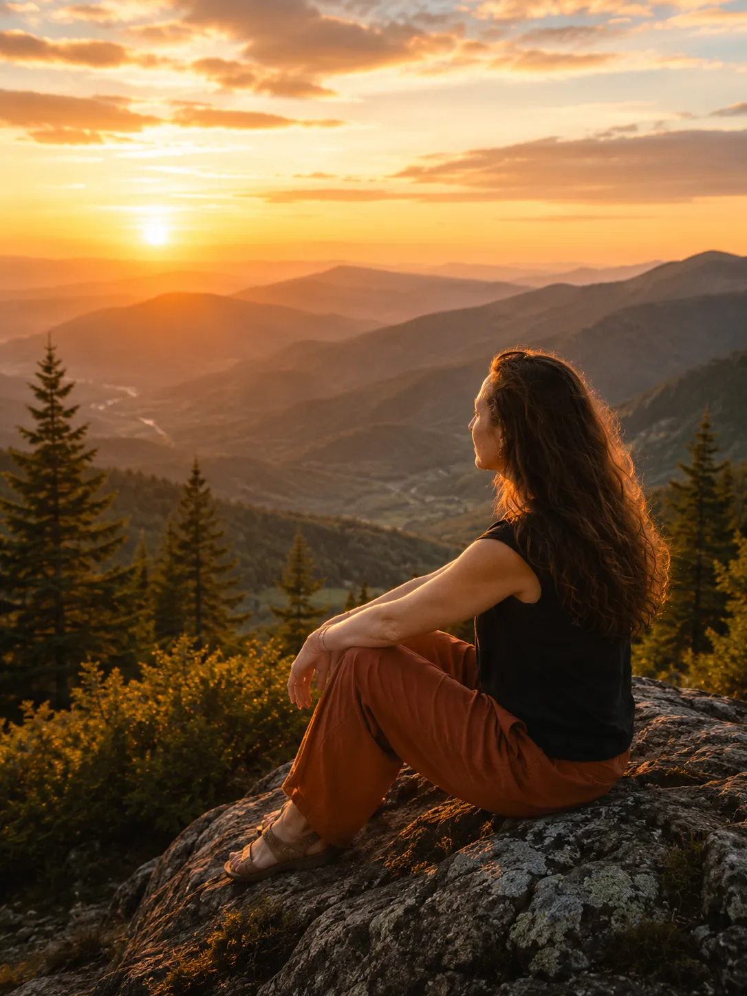 Eine Frau sitzt auf einem Felsen an einem Berghang und blickt bei Sonnenuntergang über bewaldete Täler.