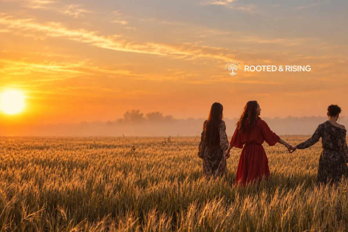Drei Frauen gehen bei Sonnenaufgang Hand in Hand durch ein weites Getreidefeld.