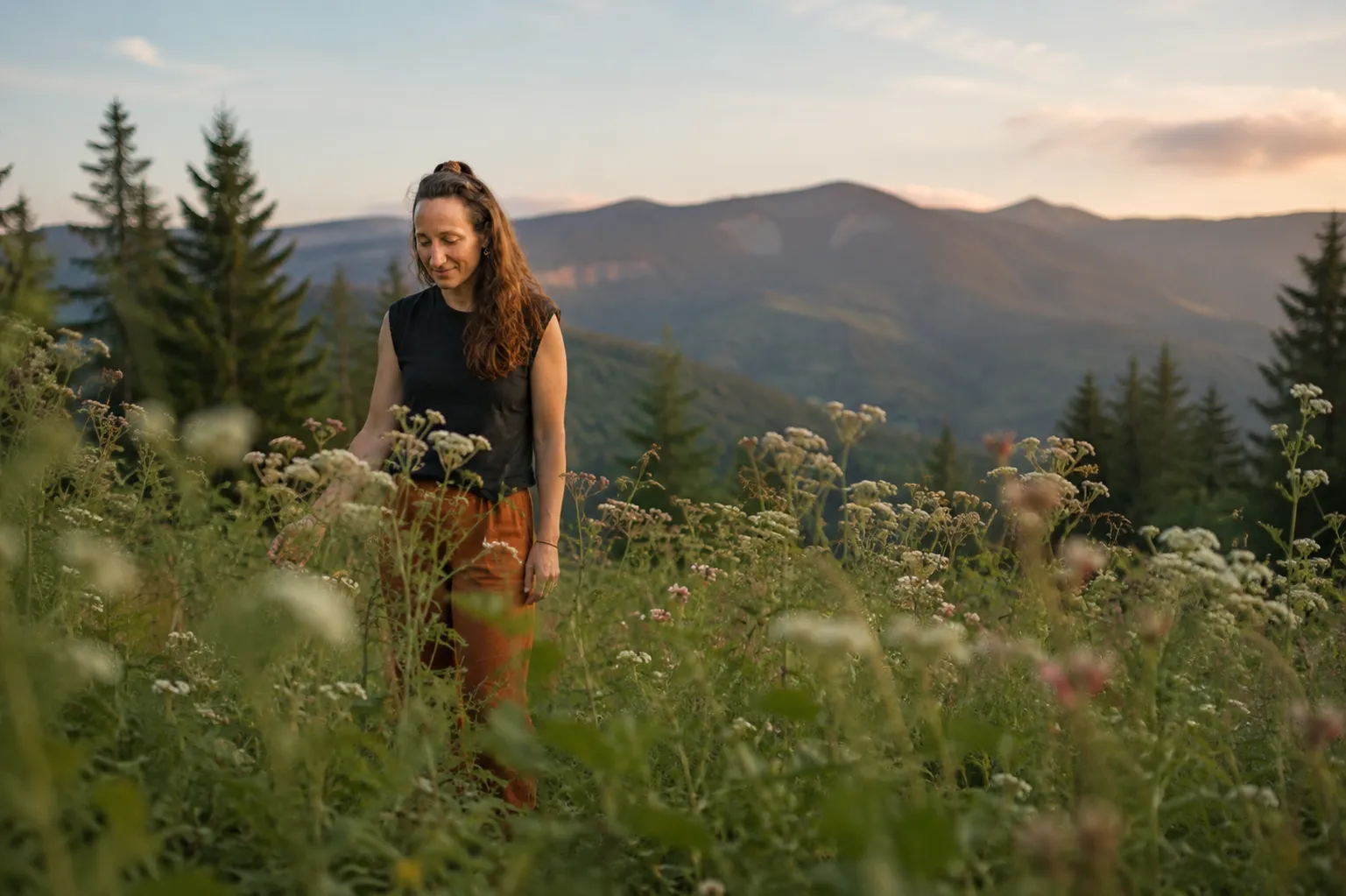 Valerie geht durch eine hohe Blumenwiese, im Hintergrund bewaldete Bergrücken in der Abenddämmerung.