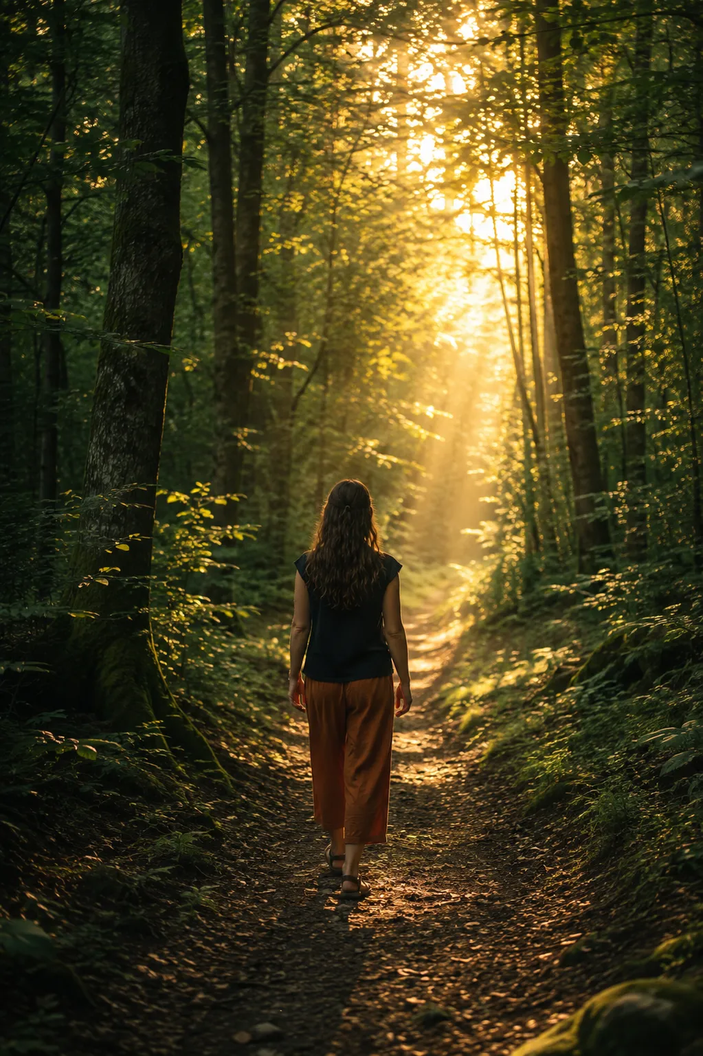 Eine Frau geht auf einem schmalen Waldweg dem Gegenlicht entgegen, zwischen hohen Bäumen.