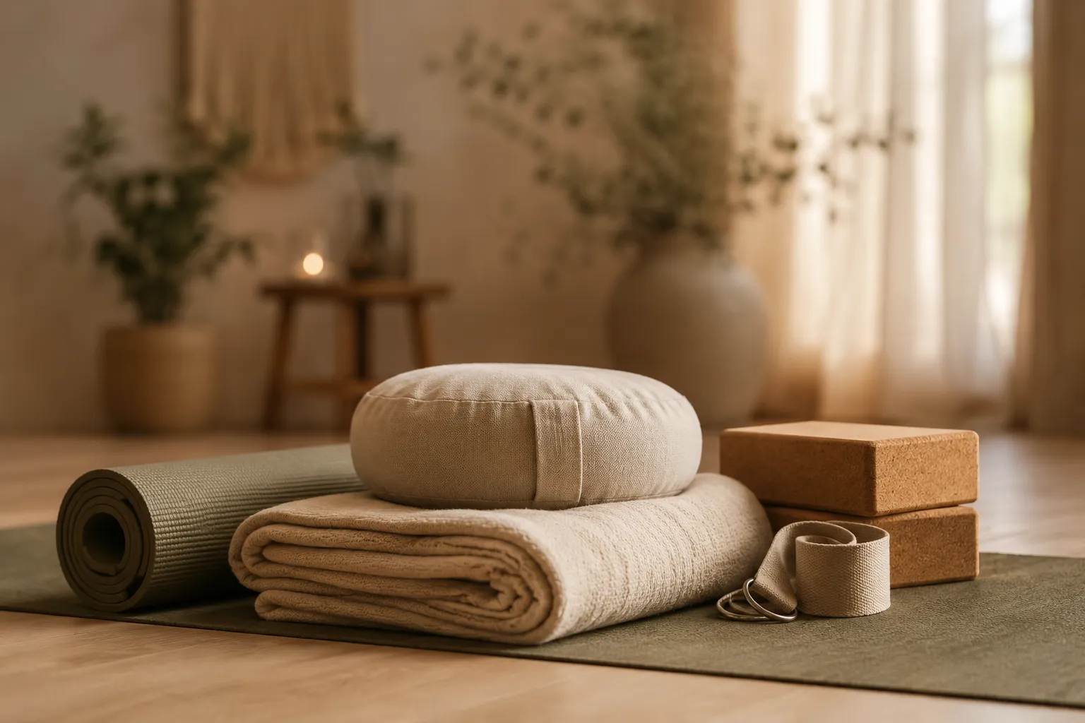 Zusammengerollte Yogamatte, gefaltete Decke, rundes Meditationskissen, zwei Korkblöcke und ein Gurt auf einem Holzboden.